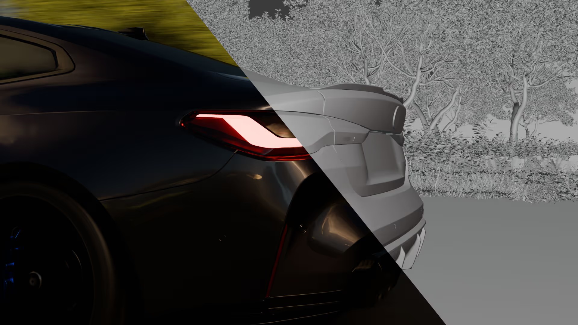 Vue de travail Blender d'une scène automobile